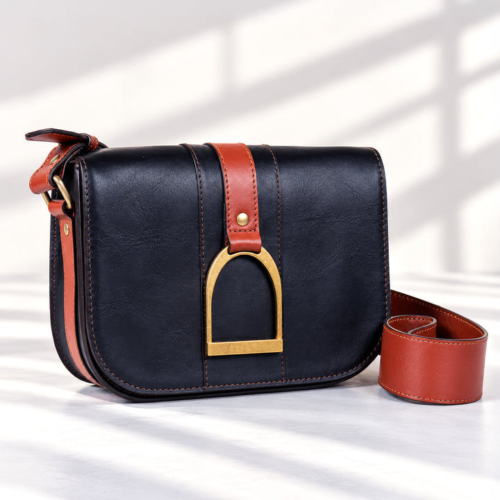 Signature Stirrup - Riding Stirrup Crossbody Luxury Leather Handbag in Cognac on Black