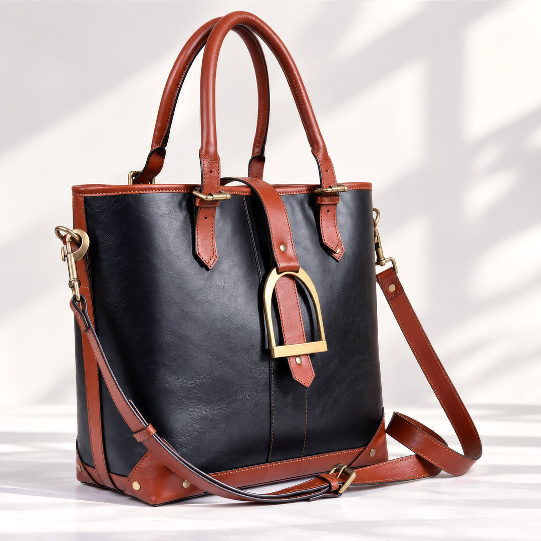 Signature - Riding Stirrup Tote Luxury Leather Handbag in Cognac on Black