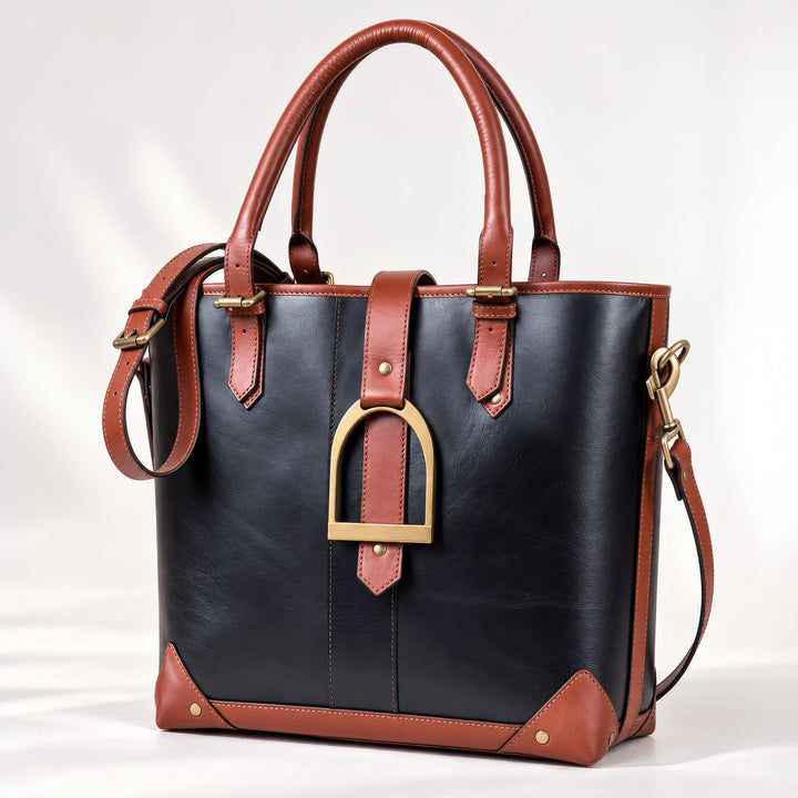 Signature - Riding Stirrup Tote Luxury Leather Handbag in Cognac on Black