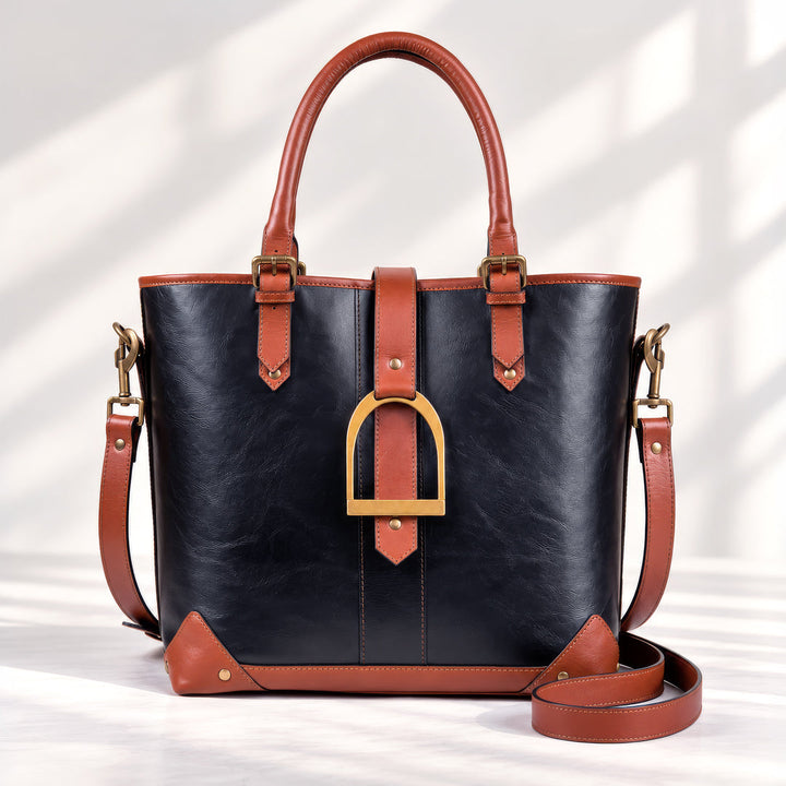Signature - Riding Stirrup Tote Luxury Leather Handbag in Cognac on Black