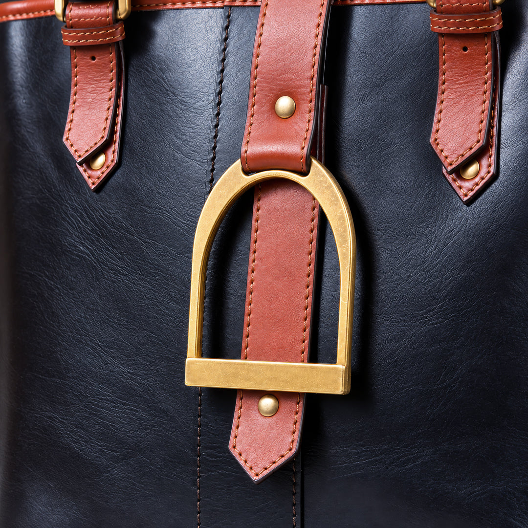 Signature - Riding Stirrup Tote Luxury Leather Handbag in Cognac on Black