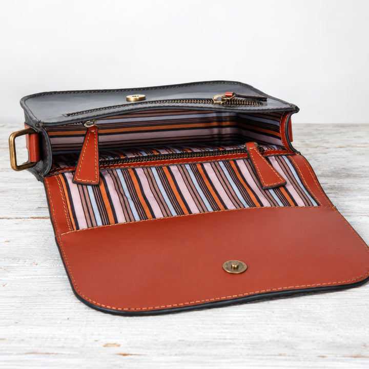 Signature Stirrup - Riding Stirrup Crossbody Luxury Leather Handbag in Cognac on Black