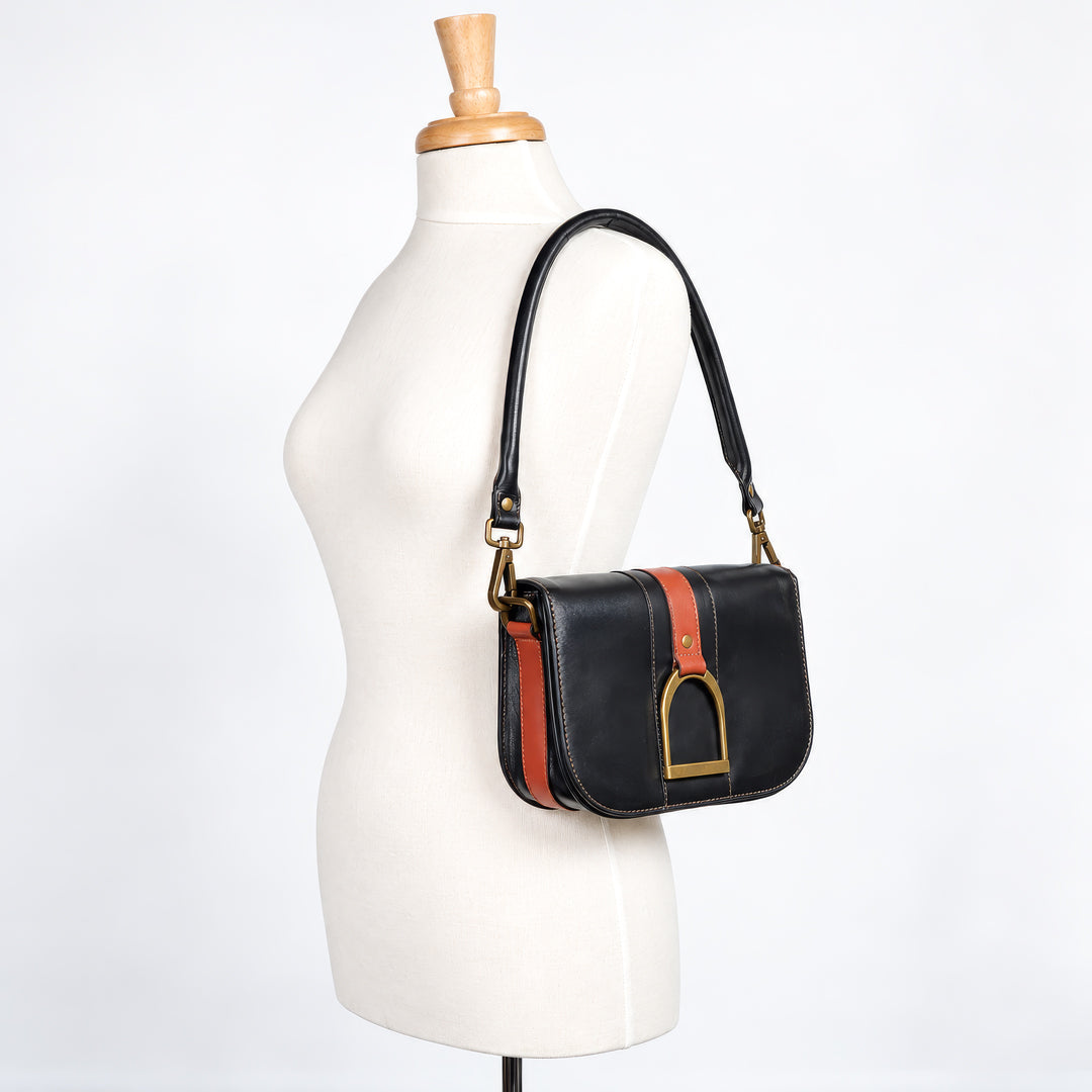 Signature Stirrup - Riding Stirrup Crossbody Luxury Leather Handbag in Cognac on Black