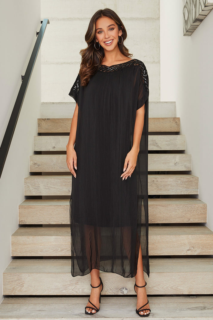 Silk Boatneck Sheer Layered Trim Dress