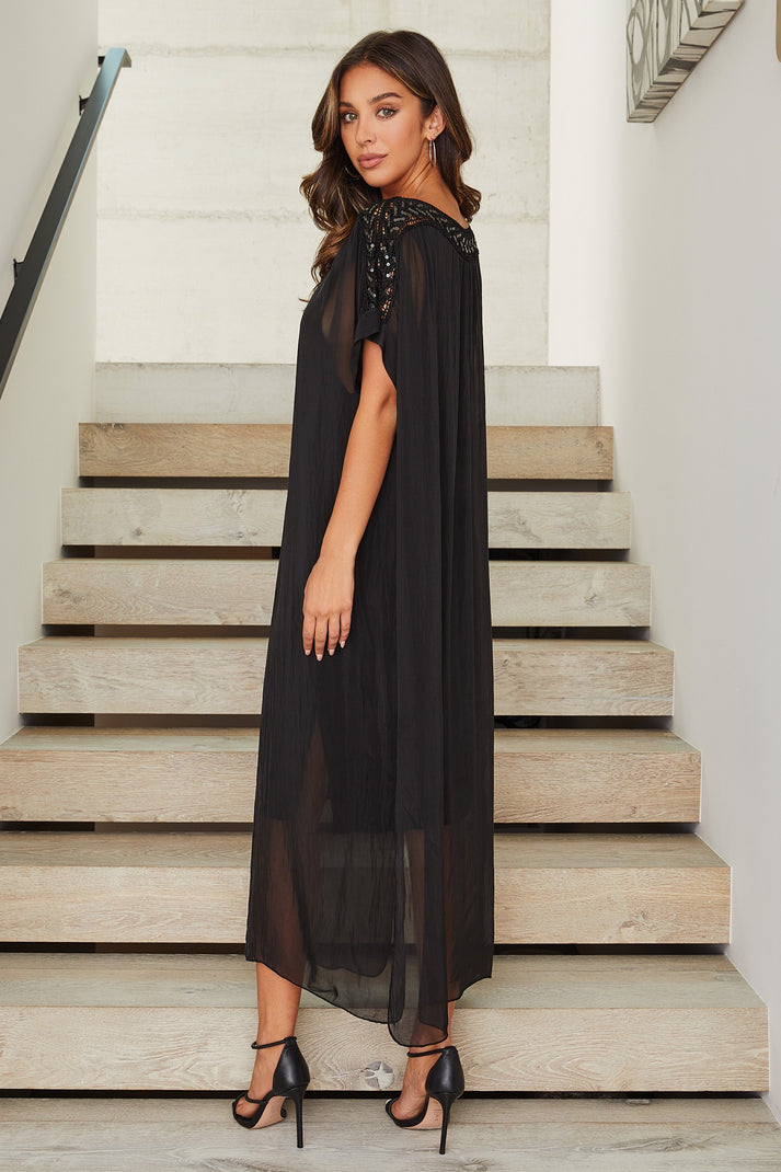 Silk Boatneck Sheer Layered Trim Dress KADOU BOUTIQUE