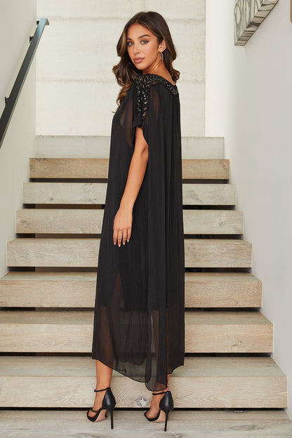 Silk Boatneck Sheer Layered Trim Dress