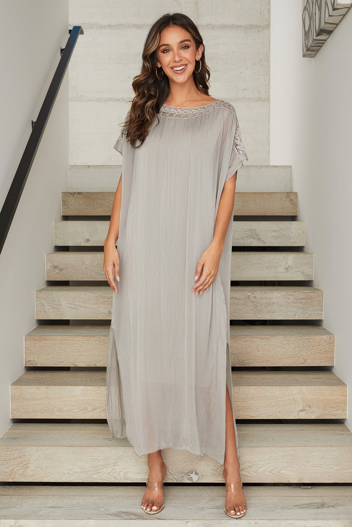 Silk Boatneck Sheer Layered Trim Dress