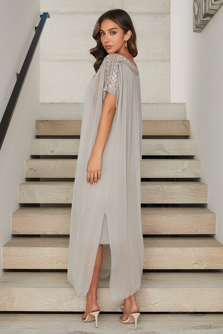 Silk Boatneck Sheer Layered Trim Dress