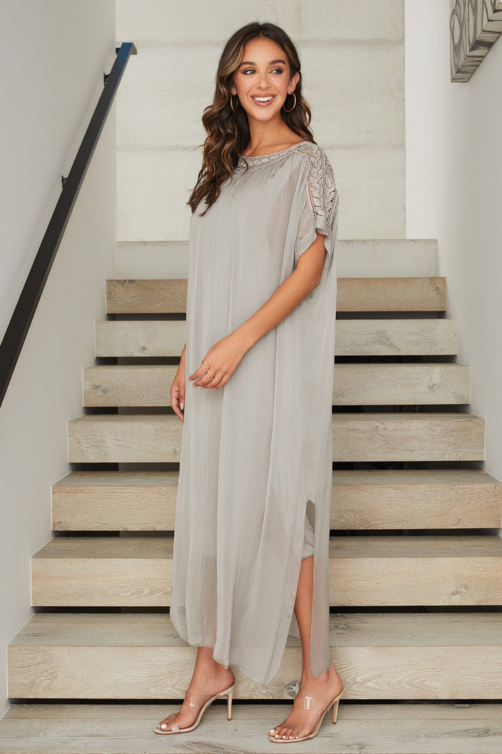 Silk Boatneck Sheer Layered Trim Dress