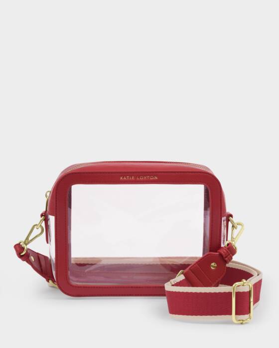 Burgundy transparent crossbody bag with gold accents on a white background