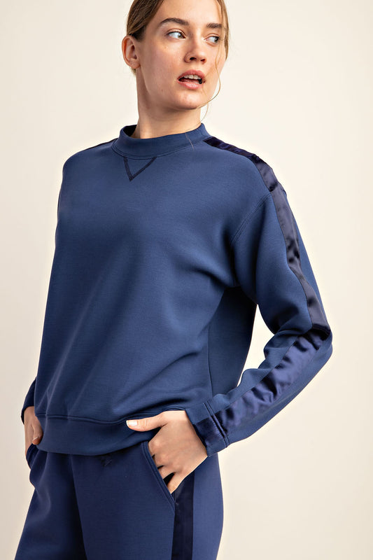 Modal Crewneck with Satin Side Detail in Smokey Navy color, available in Kadou Boutique.