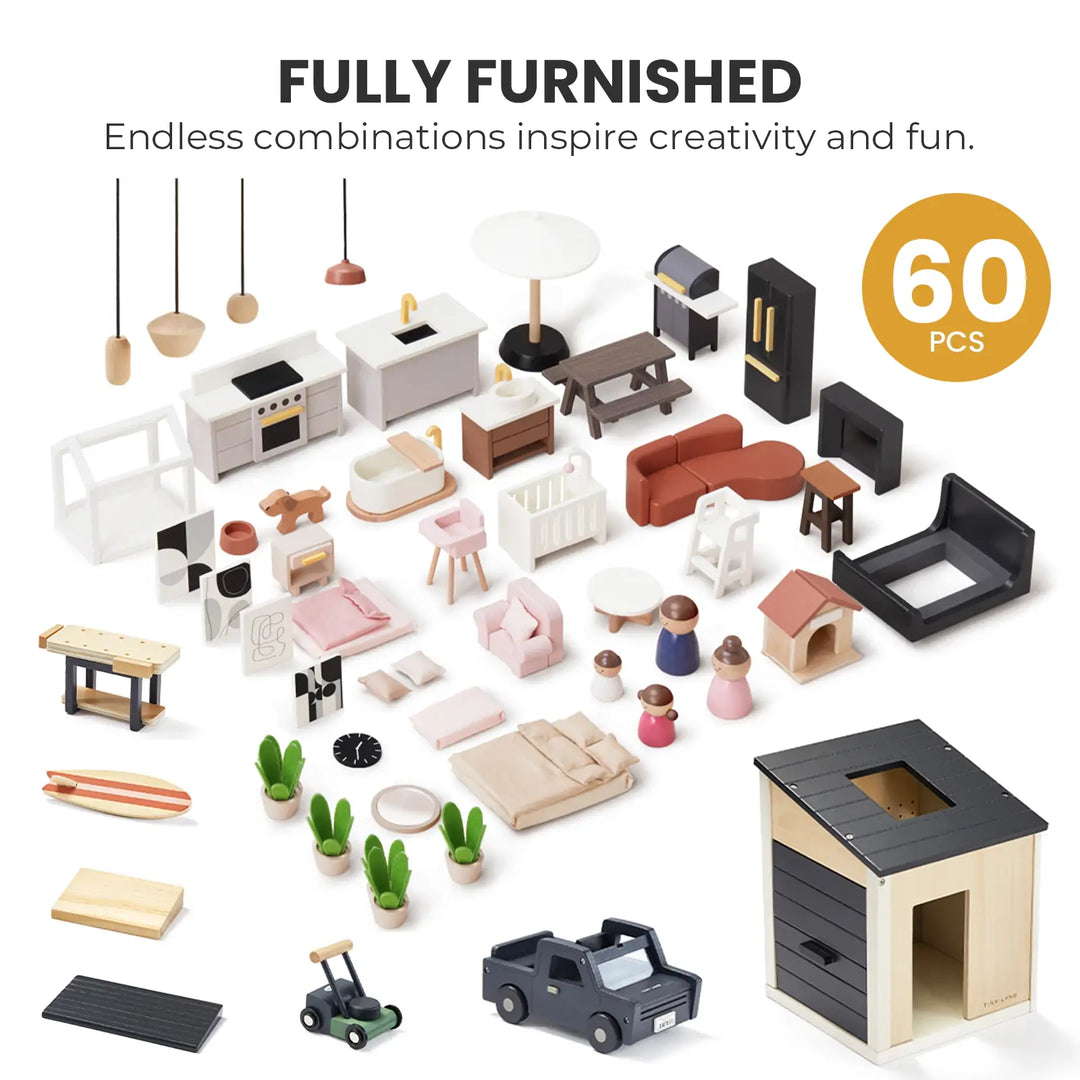 Sweet Family Gift Set: Black Dollhouse &amp; Dollhouse Garage &amp; Extra Dolls Set