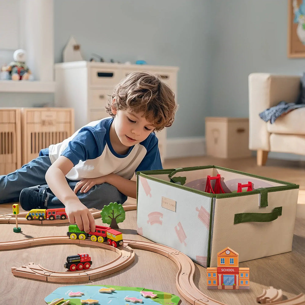 Tiny Land® 110-Piece Wooden Train Set with Folding Storage Box from KADOU Boutique