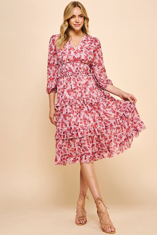 Floral Print Tiered Midi Dress