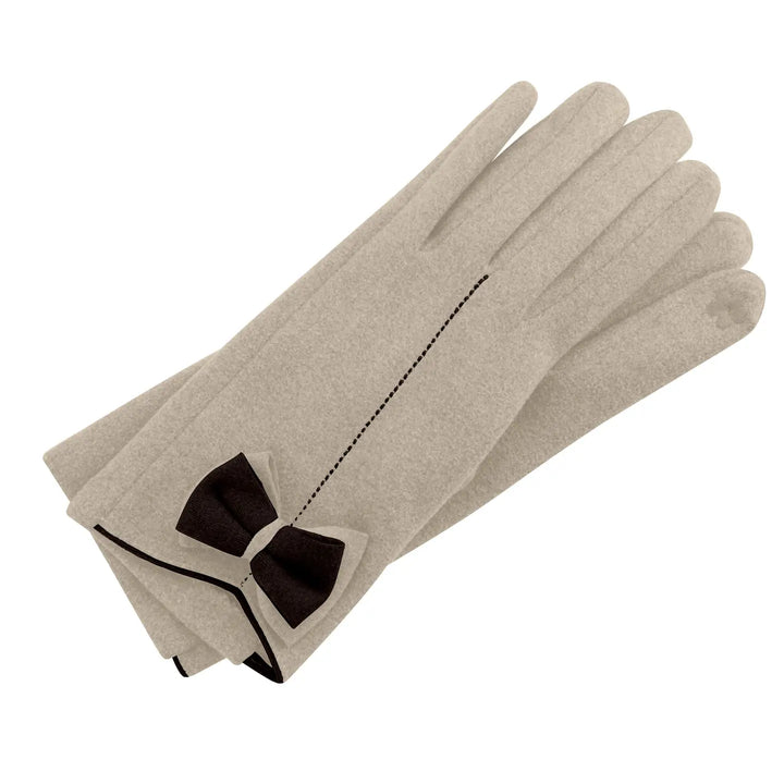 Beige gloves with a black bow on a white background
