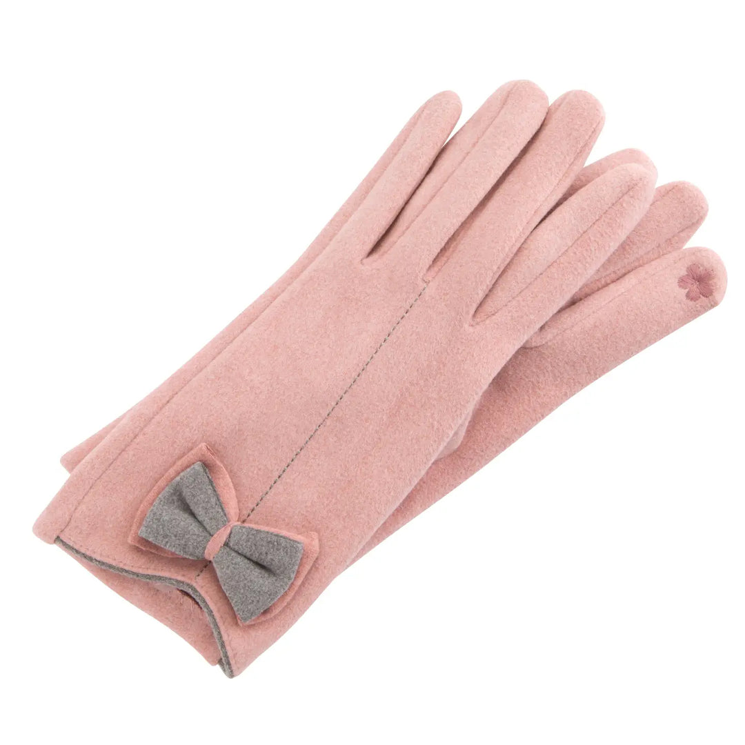 Pink gloves with a gray bow on a white background