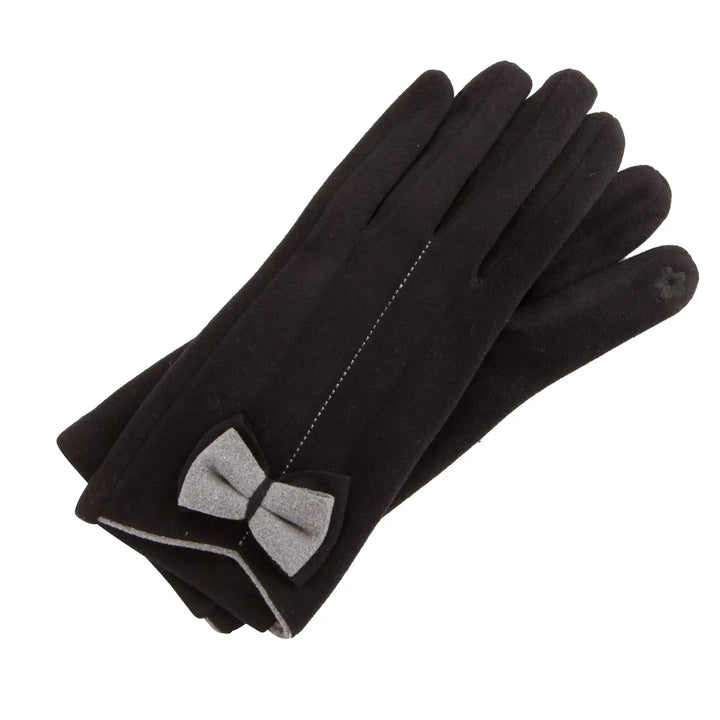 Black gloves with a bow detail on a white background