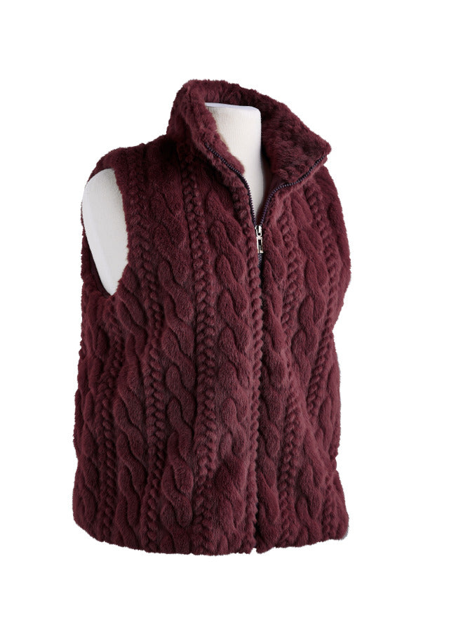 Maroon cable knit vest on a mannequin against a white background