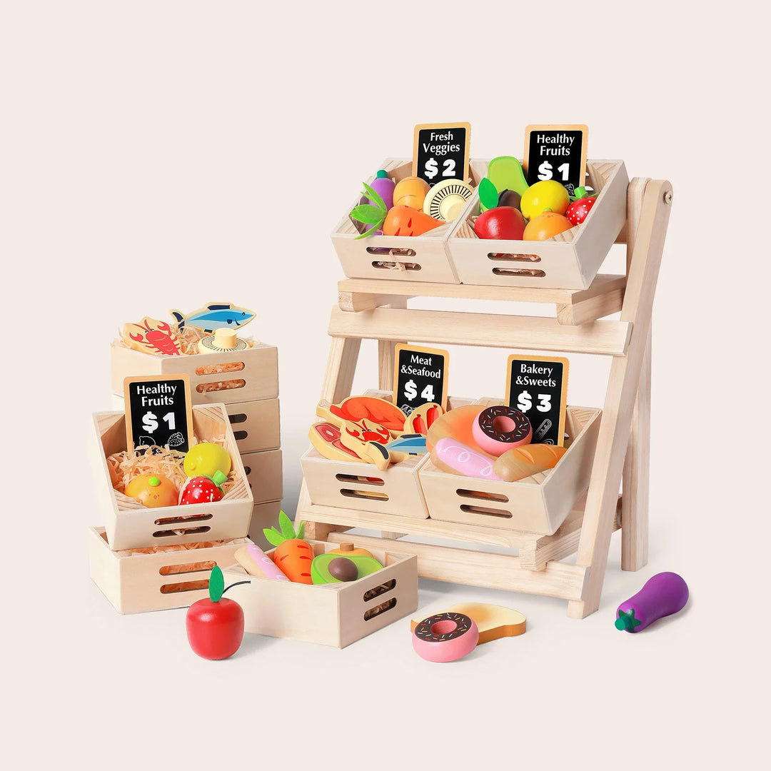 Tiny Land® Wooden Food for Play Kitchen &amp; Wooden Rack