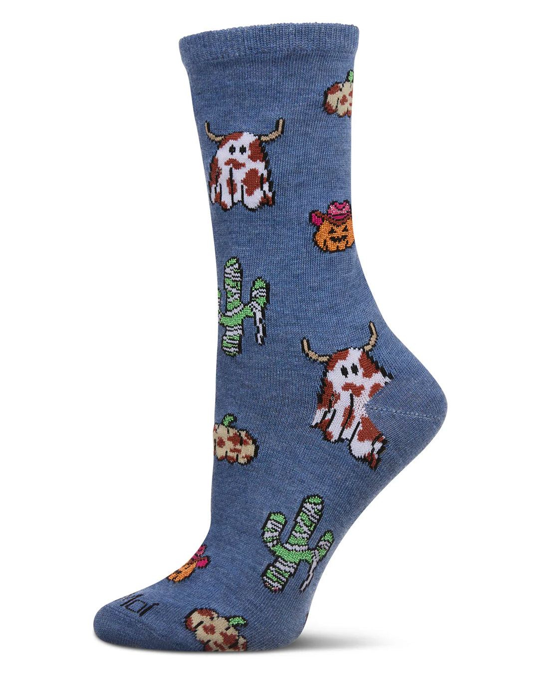 Blue sock with cow and cactus patterns on a white background