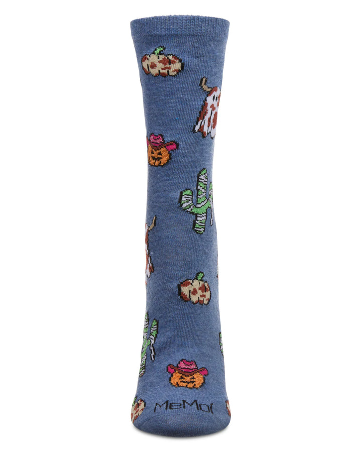 Blue sock with cartoon character pattern on a white background