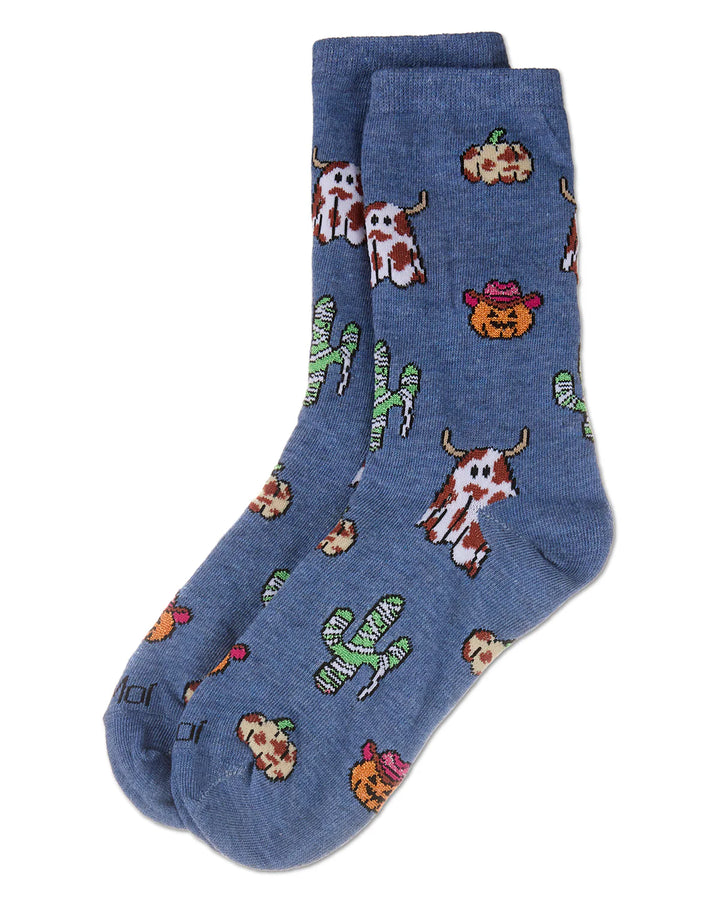 Blue socks with colorful patterns on a white background