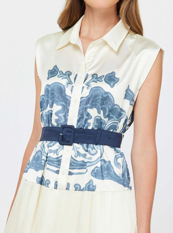 Printed Pleated Midi Shirt Dress