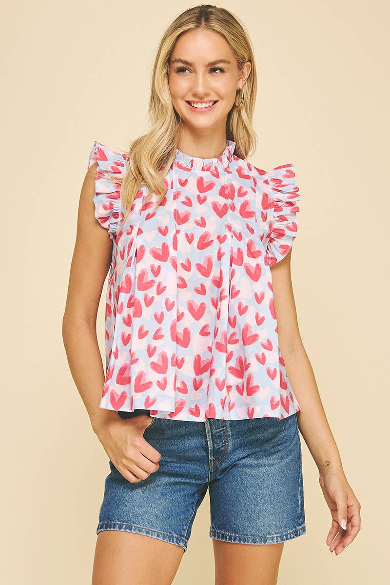 HEART PRINT RUFFLED SLEEVE TOP