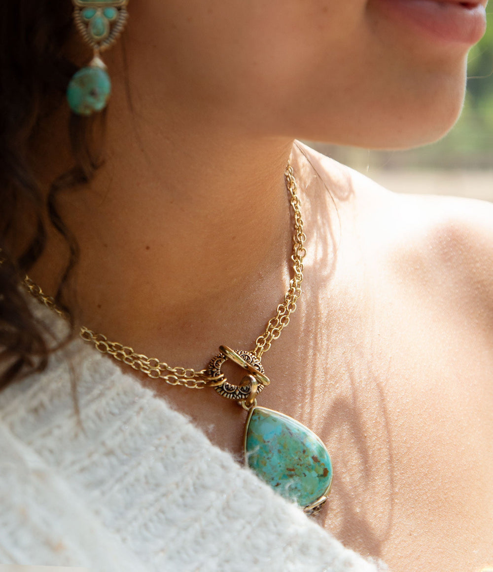 Abby Blue Turquoise and Golden Bronze Pendant Necklace from KADOU Boutique