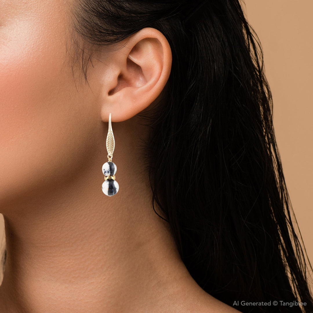 Agate Black and White Neutrals Golden Drop Earrings