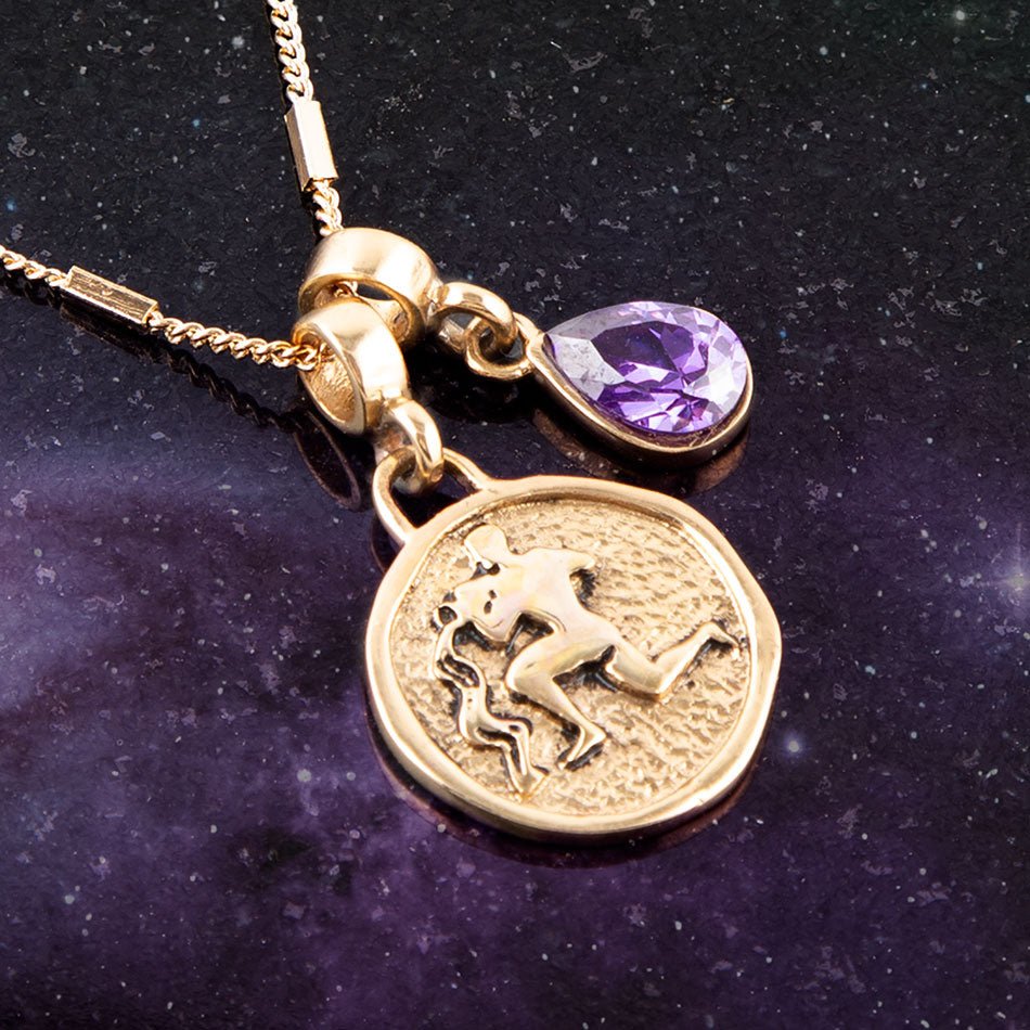 Aquarius - Zodiac Purple Amethyst Golden Charm Necklace from KADOU Boutique