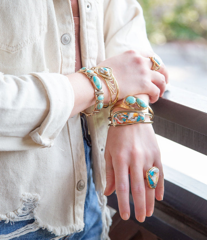 Arrows Blue Turquoise and Orange Spiny Oyster Matrix Golden Cuff Bracelet