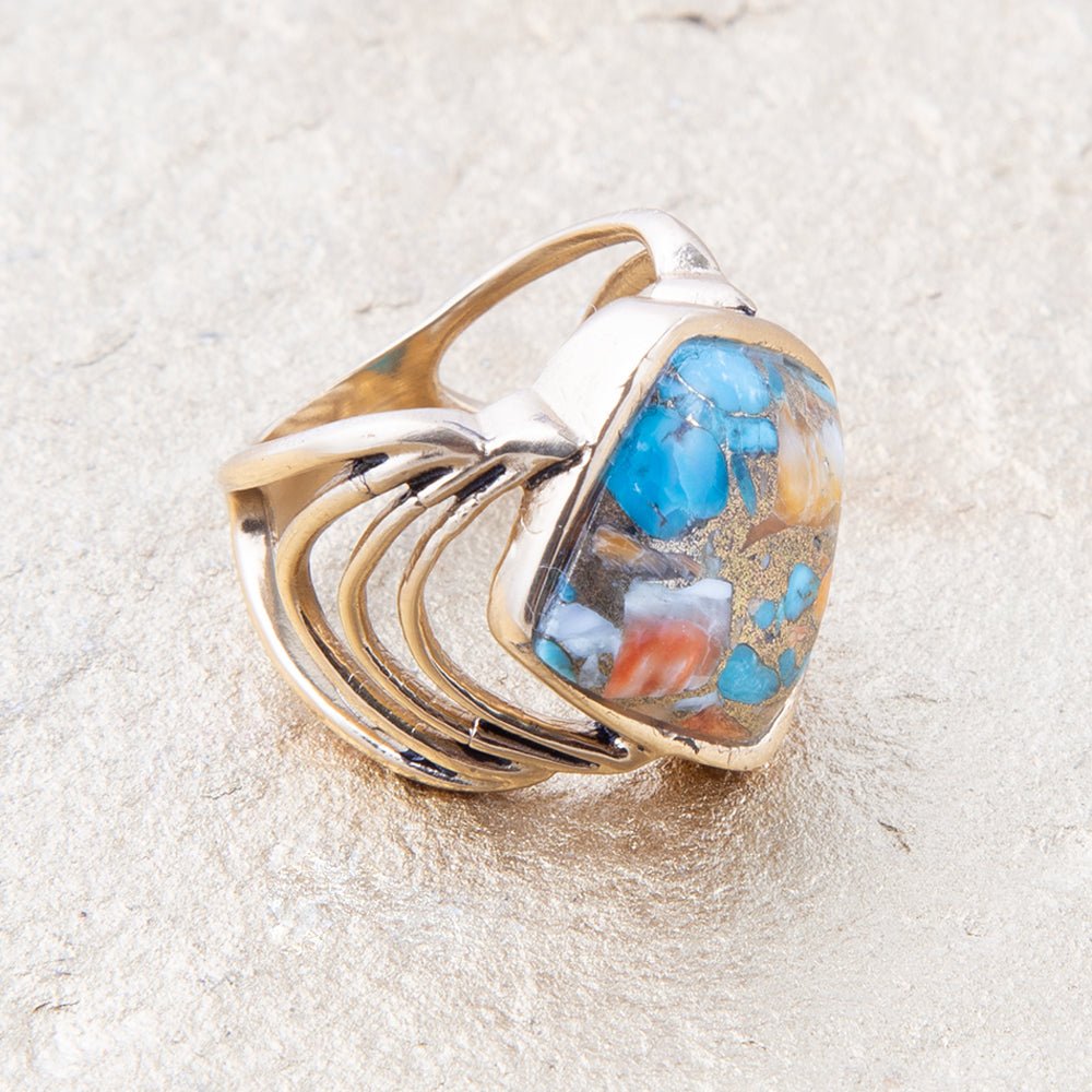 Arrows Blue Turquoise and Orange Spiny Oyster Matrix Golden Ring from KADOU Boutique