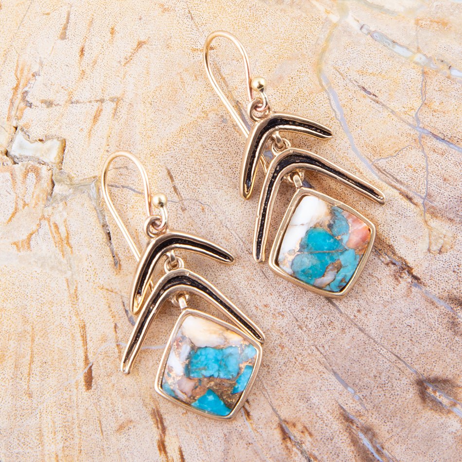 Arrows Blue Turquoise and Spiny Oyster Matrix Golden Drop Earrings from KADOU Boutique