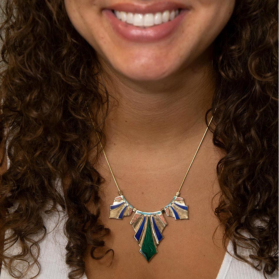 Art Deco Colorful Inlaid Golden Statement Necklace from KADOU Boutique