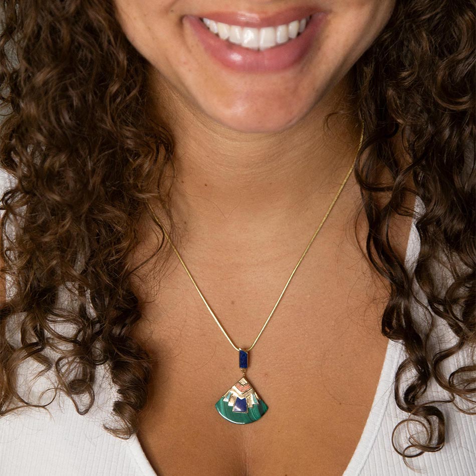 Art Deco Colorful Inlay Golden Pendant Necklace from KADOU Boutique