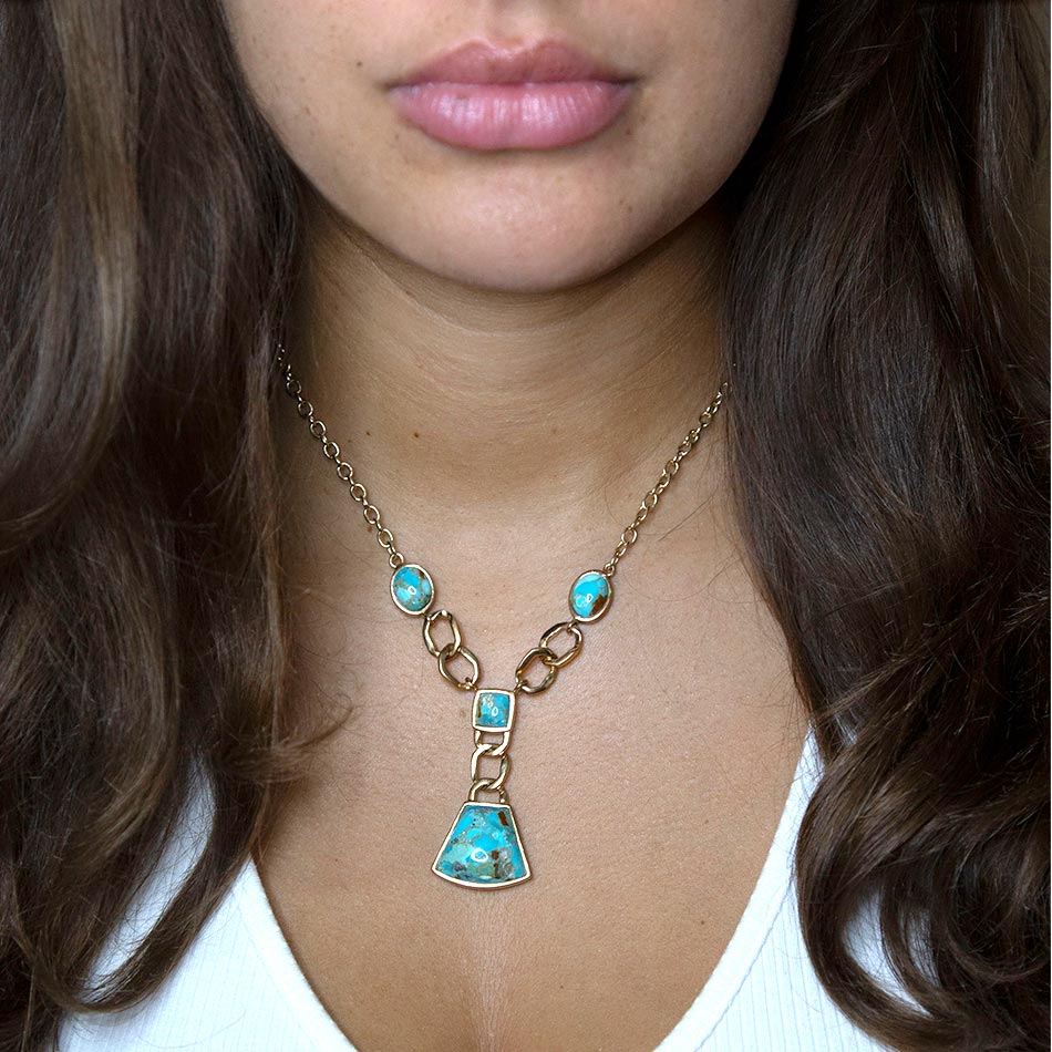 Athena Blue Turquoise Golden Y Neck Necklace from KADOU Boutique