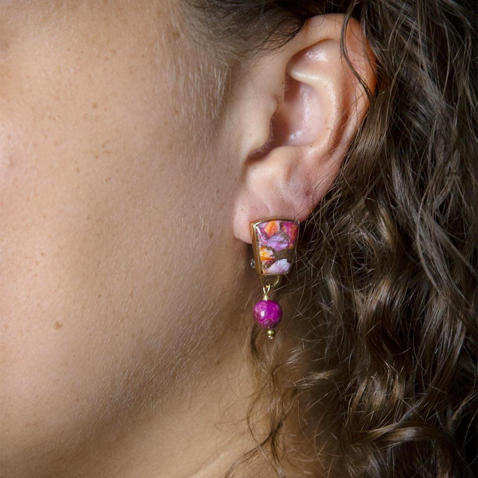 Athena Pink Spiny Oyster Matrix Golden Clip Earrings