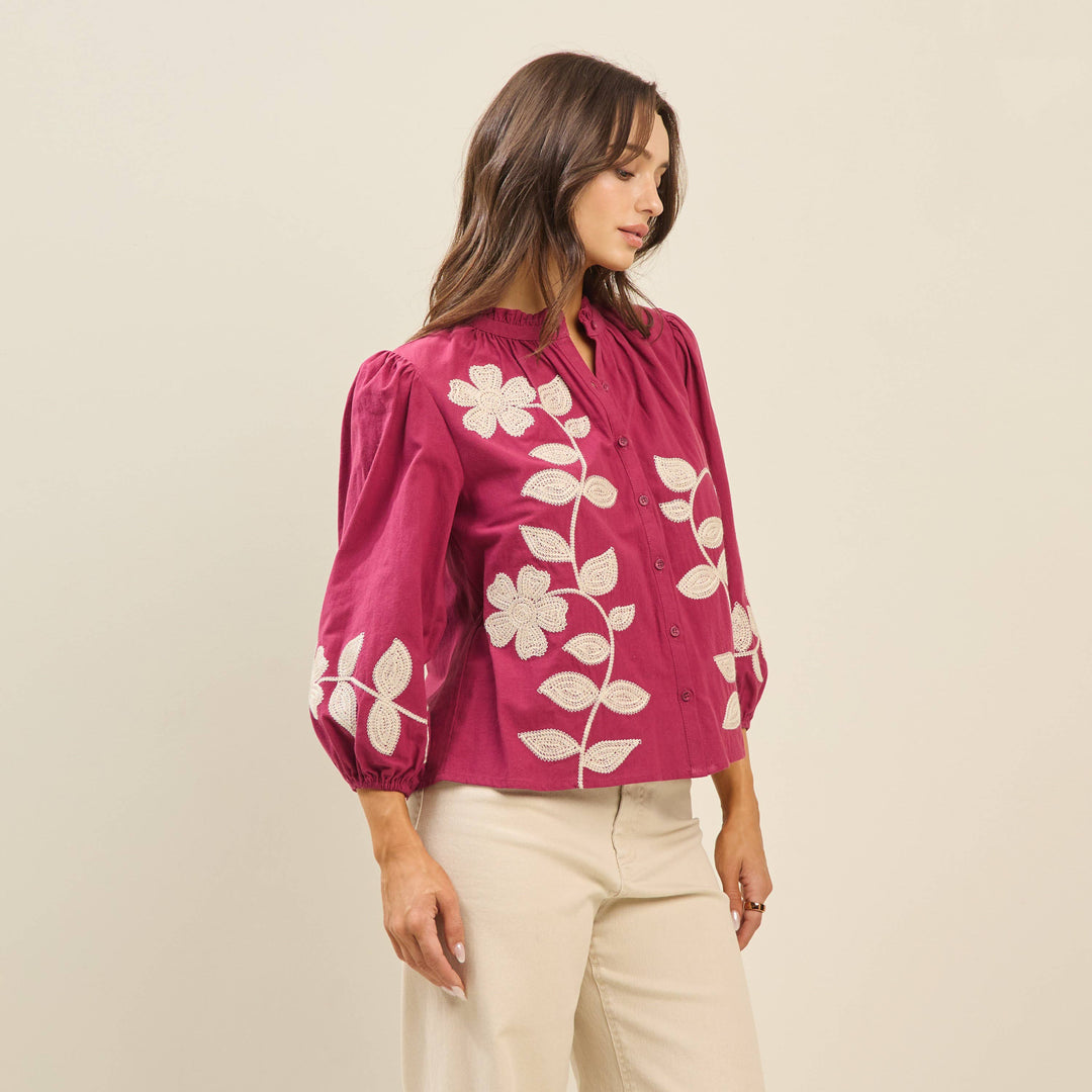 Balloon Sleeve Embroidered Cotton Blouse