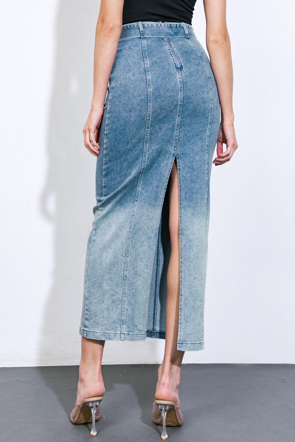 The Grass Is Greener Denim Midi Skirt from KADOU Boutique