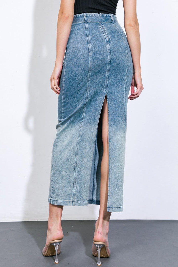 The Grass Is Greener Denim Midi Skirt from KADOU Boutique