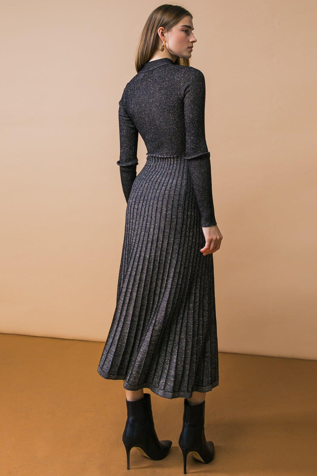 High neck black sweater midi dress with long sleeves