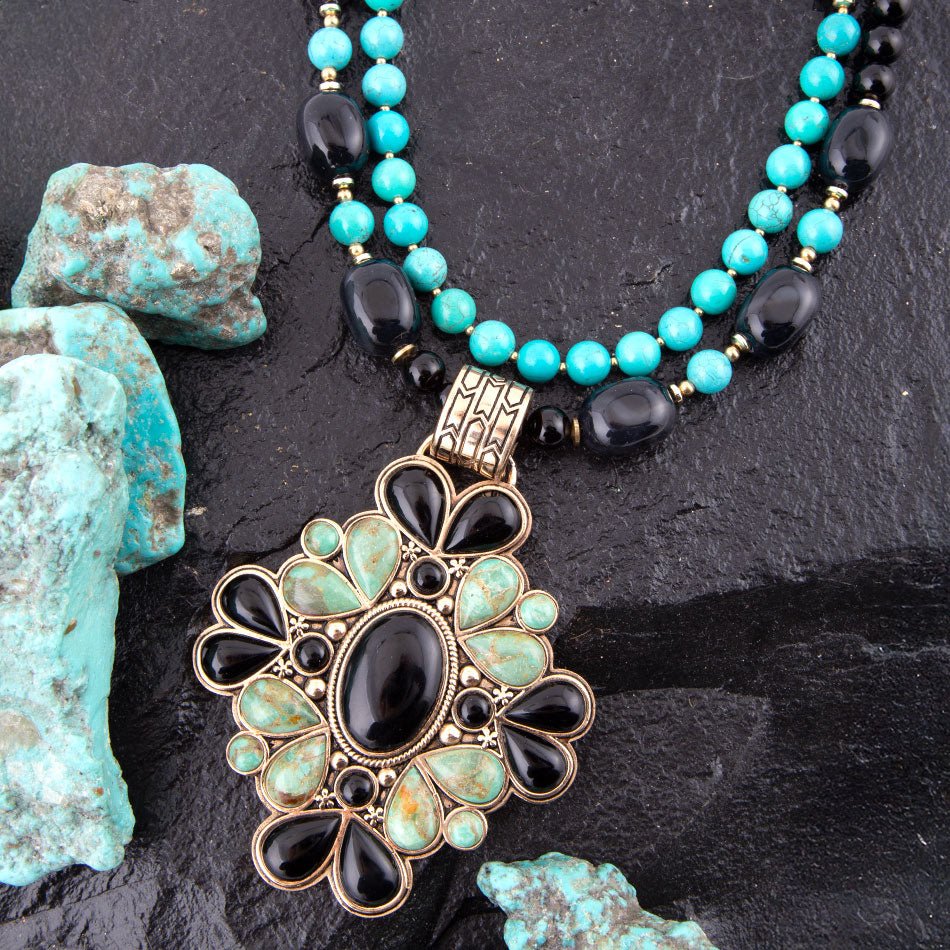 Barcelona Blue Turquoise and Black Onyx Golden Statement Necklace from KADOU Boutique