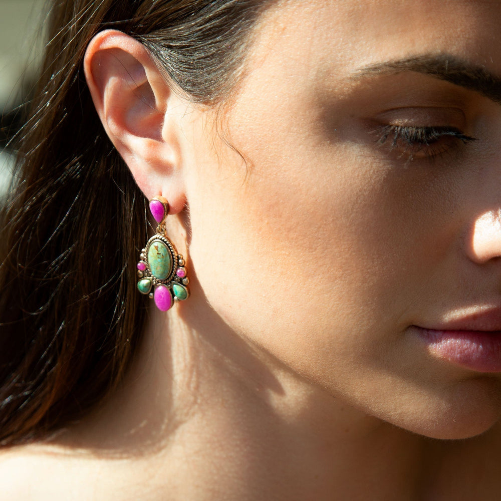 Barcelona Blue Turquoise and Pink Agate Golden Drop Earrings from KADOU Boutique