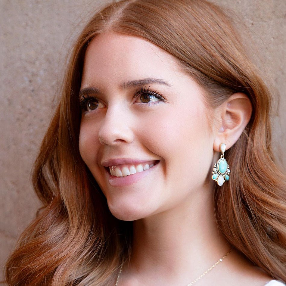 Barcelona Turquoise and Mother of Pearl Post Drop Earrings from KADOU Boutique
