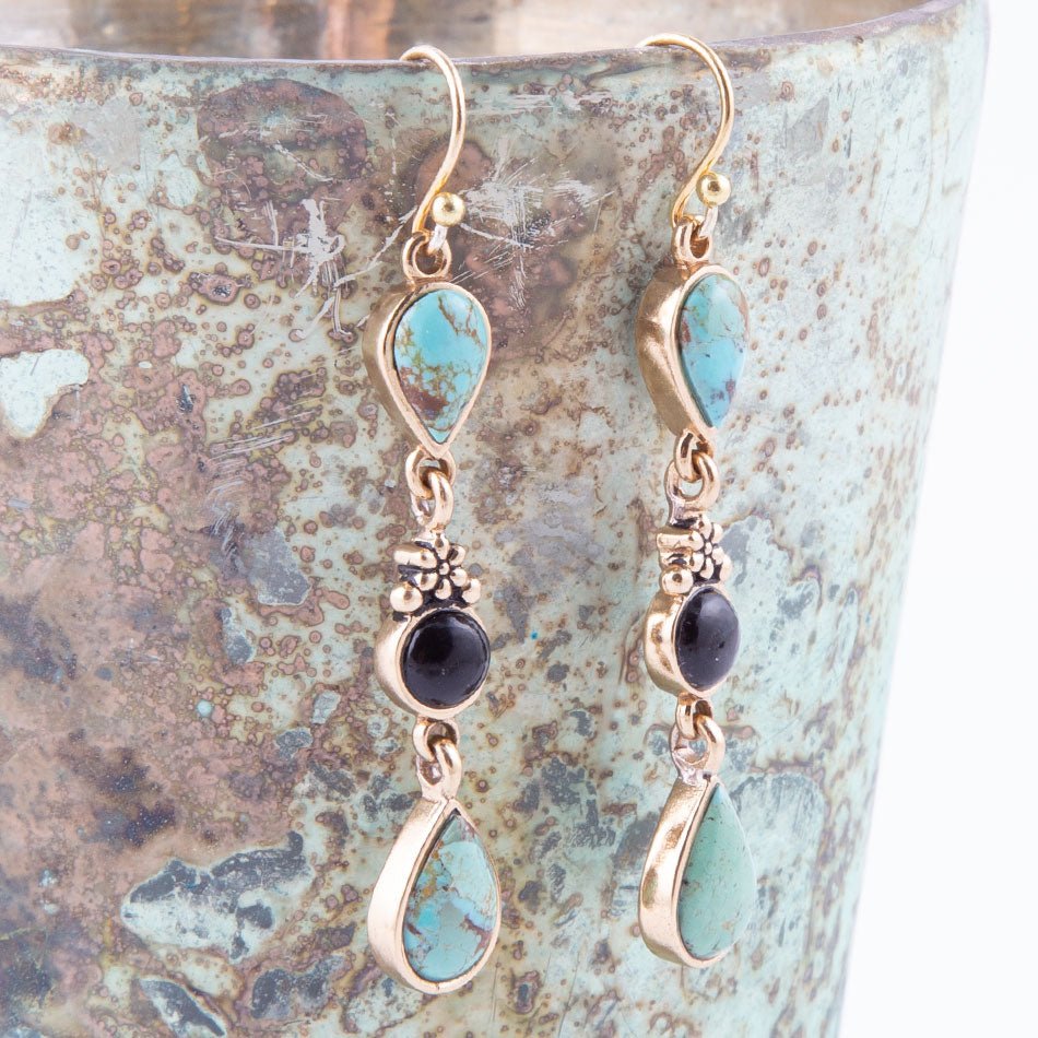 Barcelona Blue Turquoise and Black Onyx Linear Drop Golden Earrings from KADOU Boutique