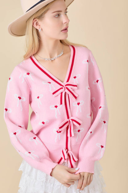 Sweater Knit Cardigan With Ribbon Bow Detail