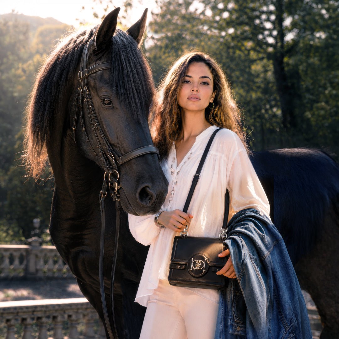Bella - Horse Bit Talisman Crossbody Luxury Leather Handbag in Black from KADOU Boutique