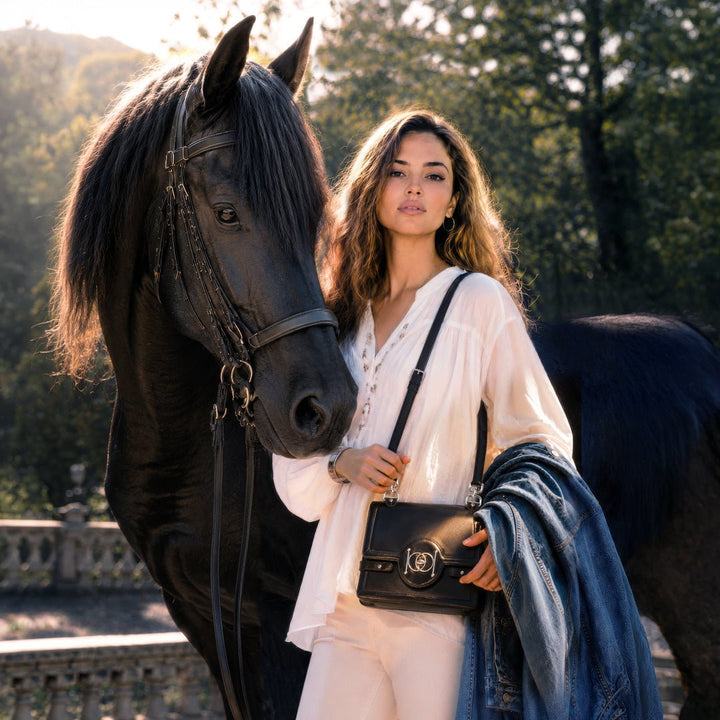 Bella - Horse Bit Talisman Crossbody Luxury Leather Handbag in Black from KADOU Boutique