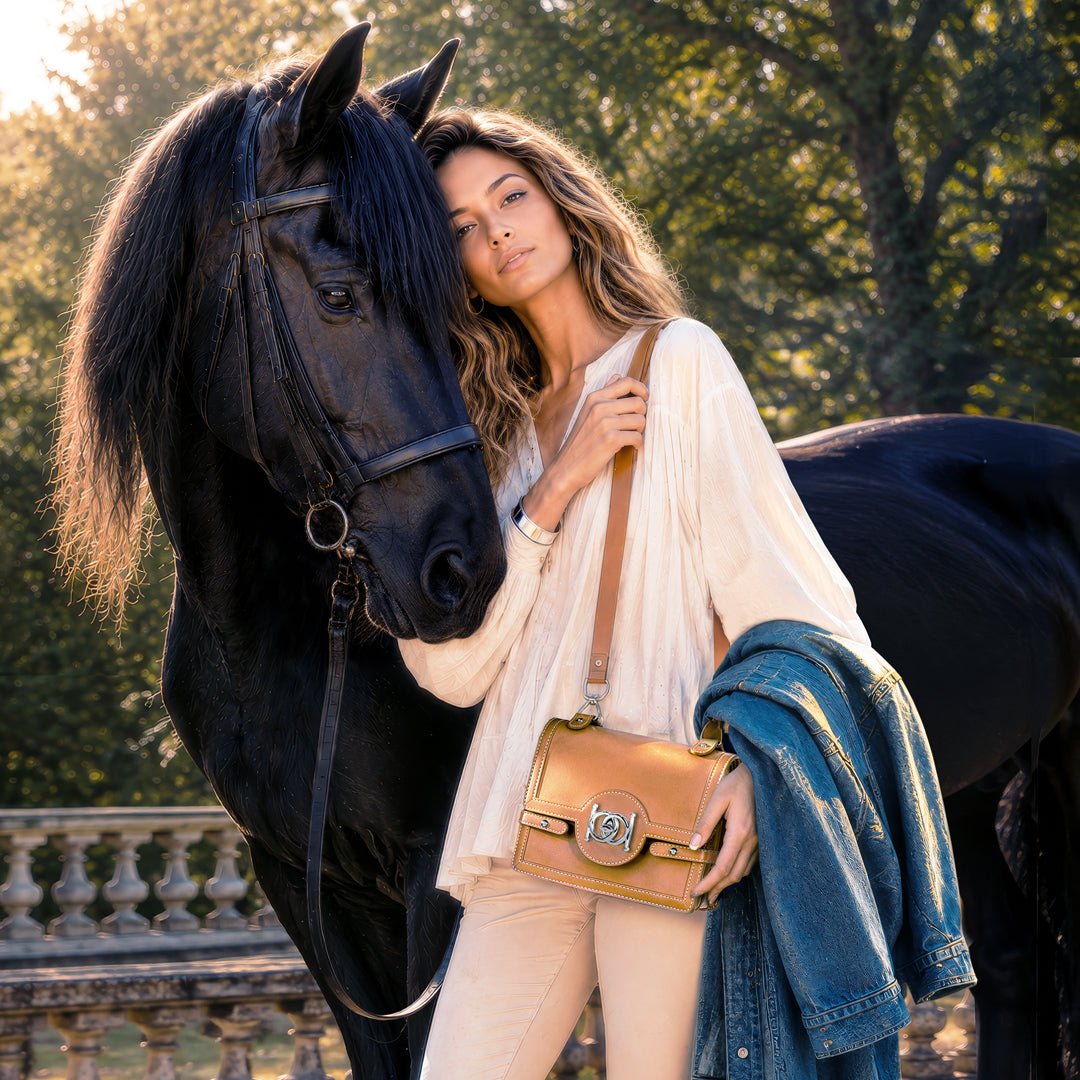 Bella -  Horse Bit Talisman Crossbody Luxury Leather Handbag in Caramel
